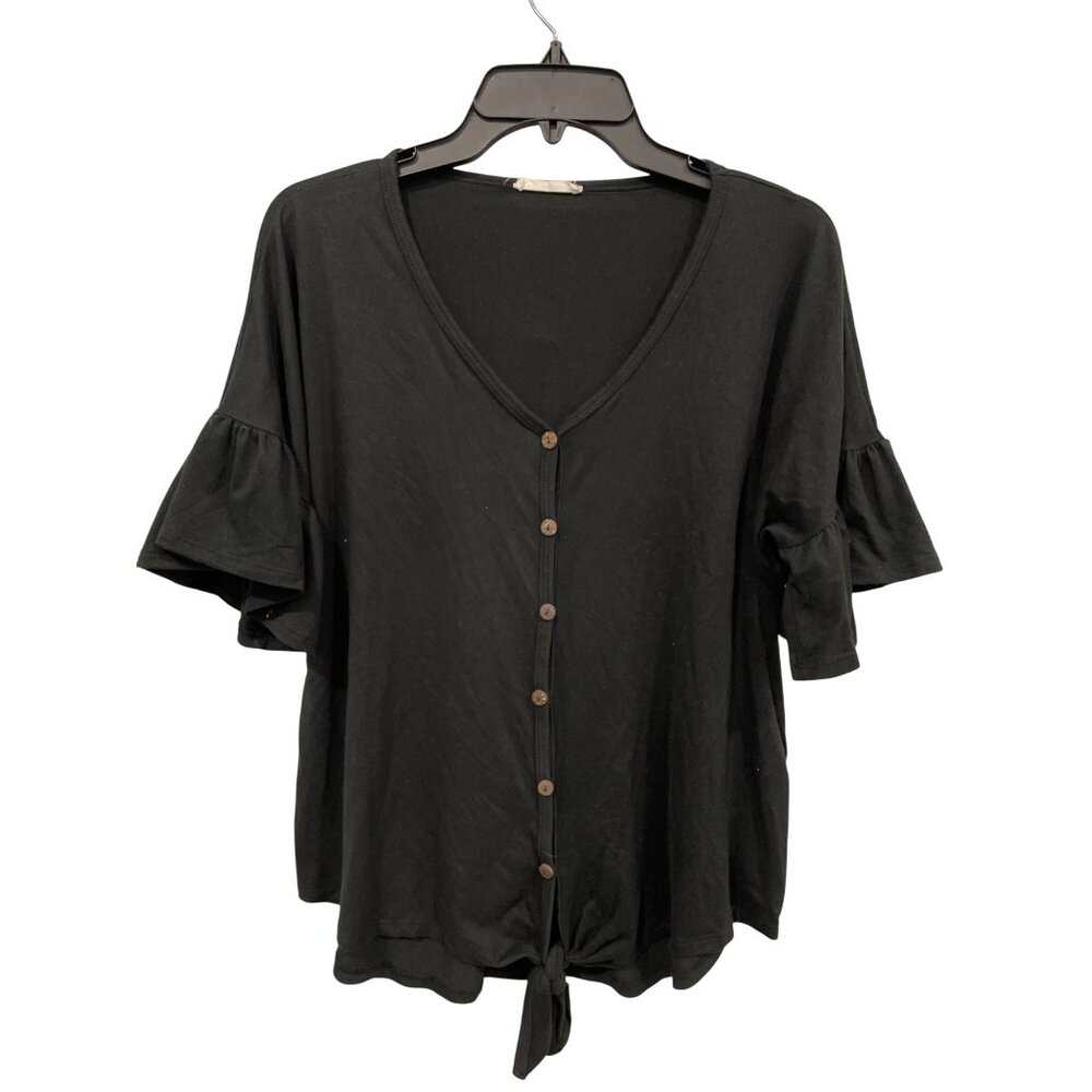 Reb In J Button Front Blouse Size Small Ruffled Sleeve Knot Front Black Feminine